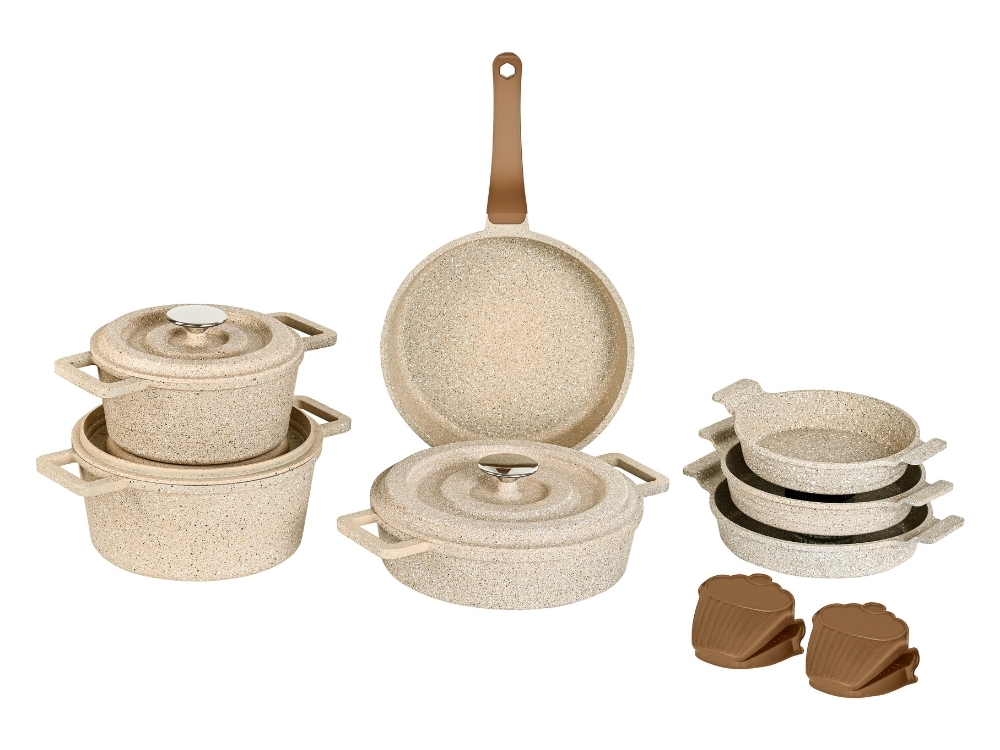 Elexus Serisi 12 Prç Döküm Kapaklı Tencere Seti - Kapuçino