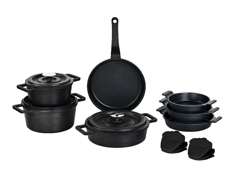 Elexus Serisi 12 Prç Döküm Kapaklı Tencere Seti - Siyah
