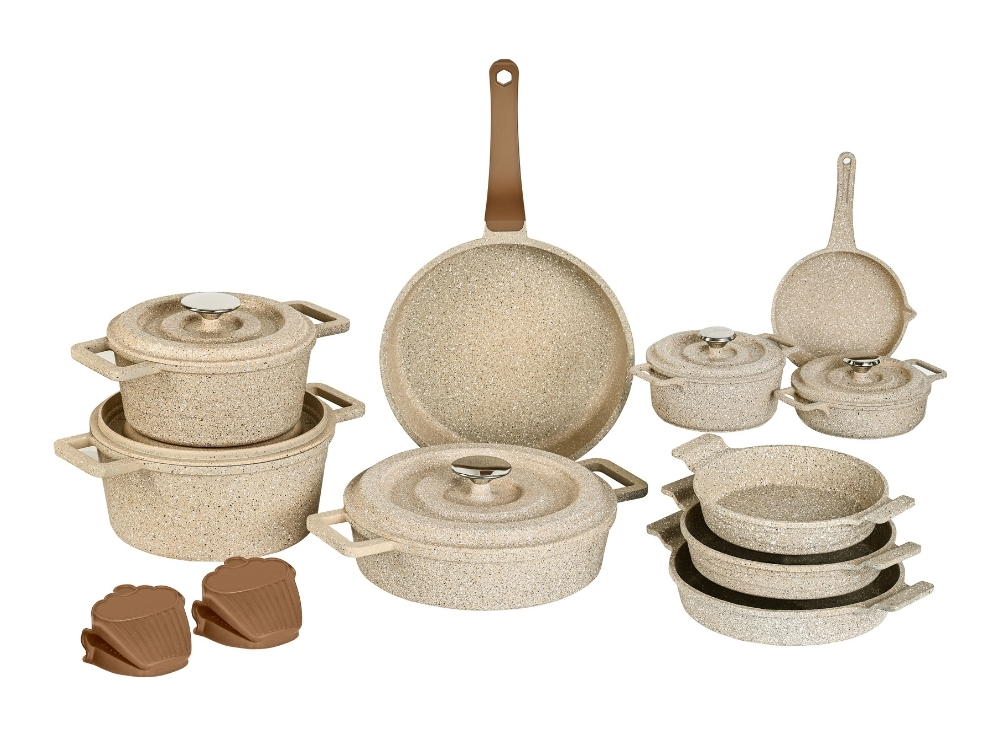 Elexus Serisi 17 Prç Döküm Kapaklı Tencere Seti - Kapuçino