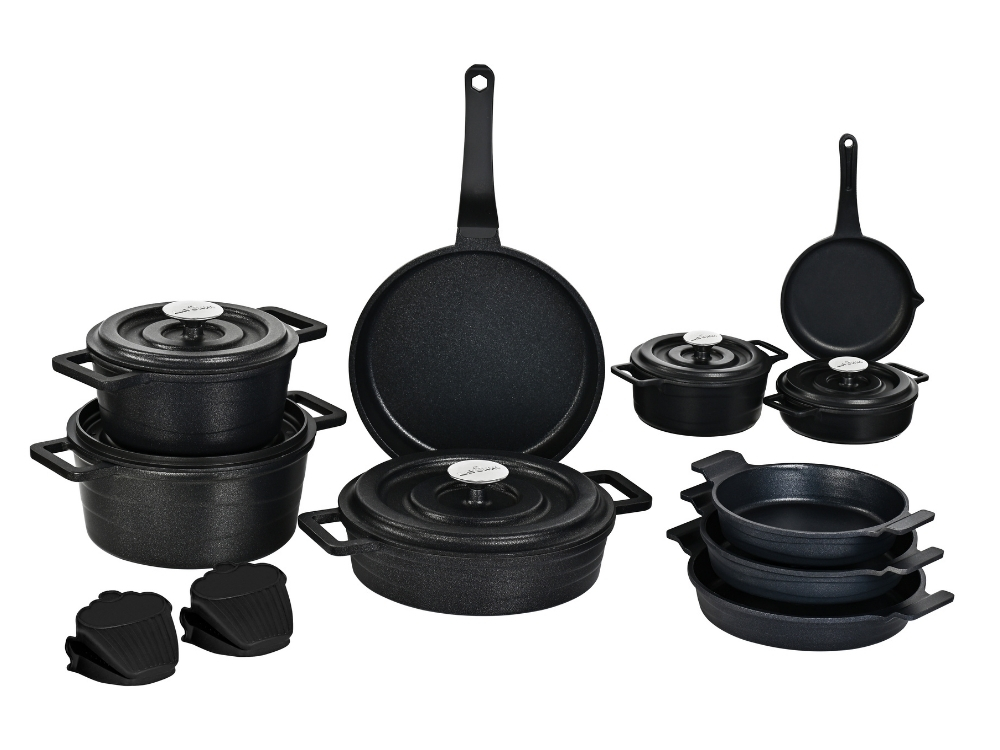 Elexus Serisi 17 Prç Döküm Kapaklı Tencere Seti - Siyah
