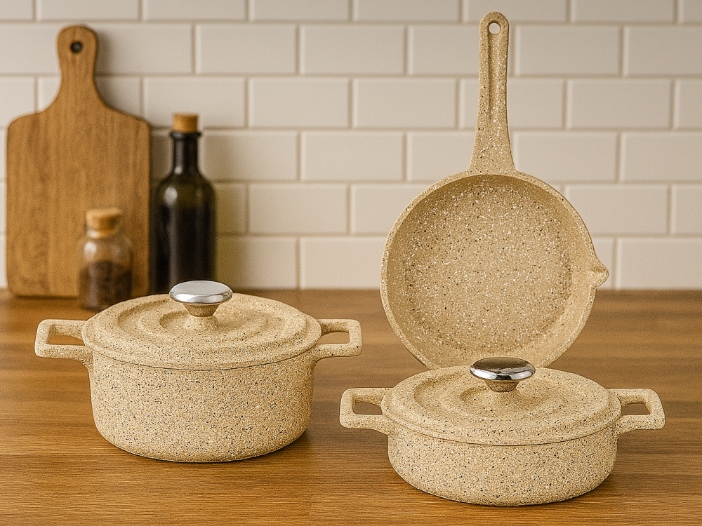 Elexus Serisi 5 Prç Döküm Mini Tencere Seti - Kapuçino 14 cm