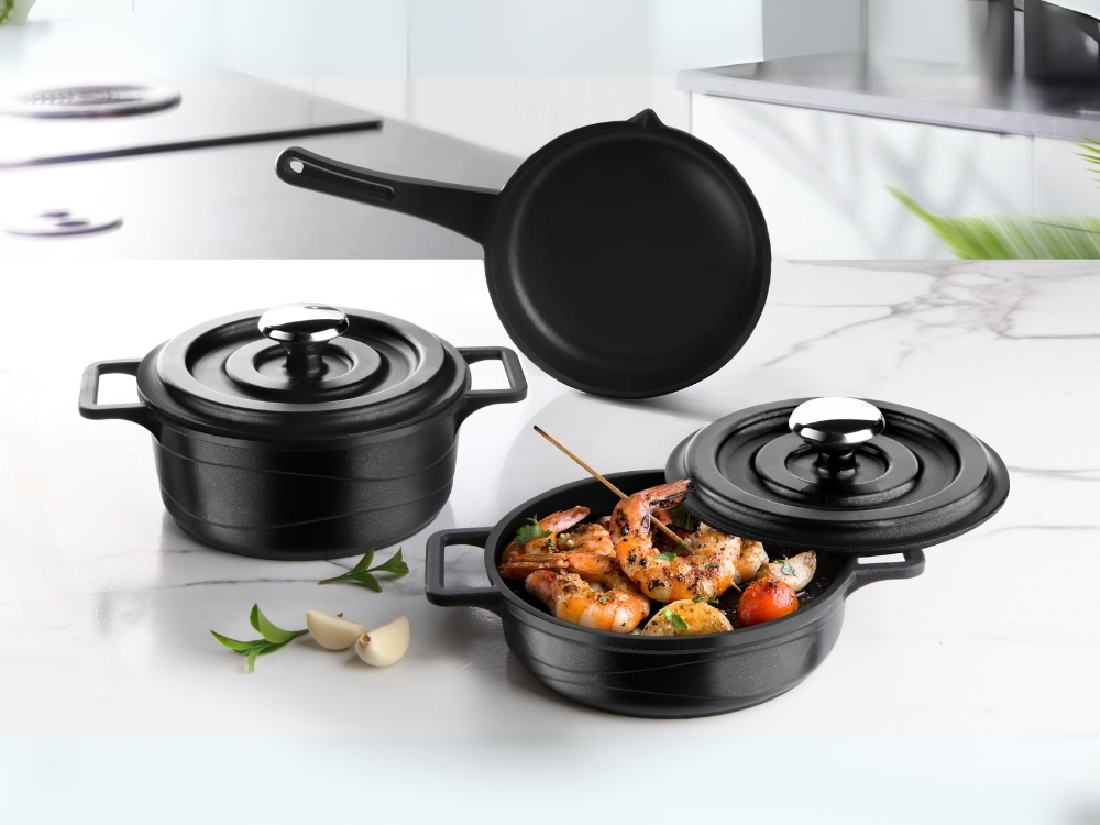 Elexus Serisi 5 Prç Döküm Mini Tencere Seti - Siyah 14 cm