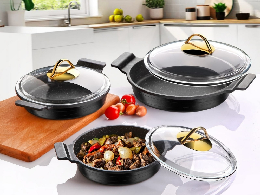 Elexus Serisi 6 Prç Döküm Sahan Set Gold Kapaklı - Siyah