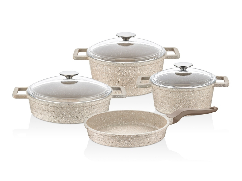 Elexus Serisi 7 Prç Cam Kapaklı Tencere Seti - Kapuçino
