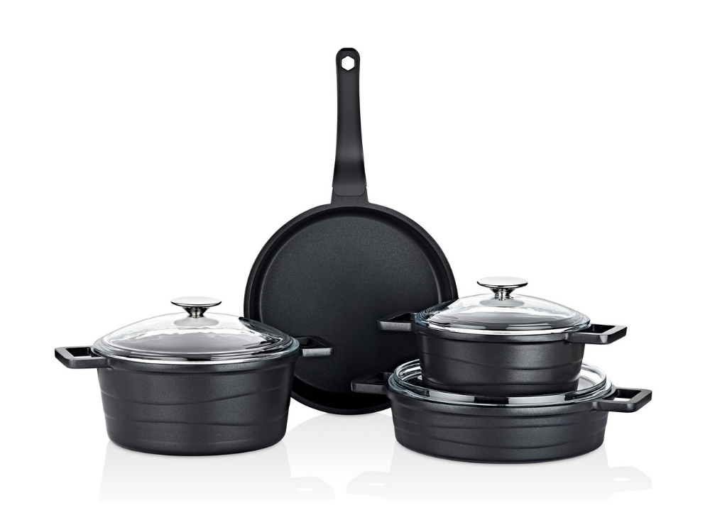 Elexus Serisi 7 Prç Cam Kapaklı Tencere Seti - Siyah