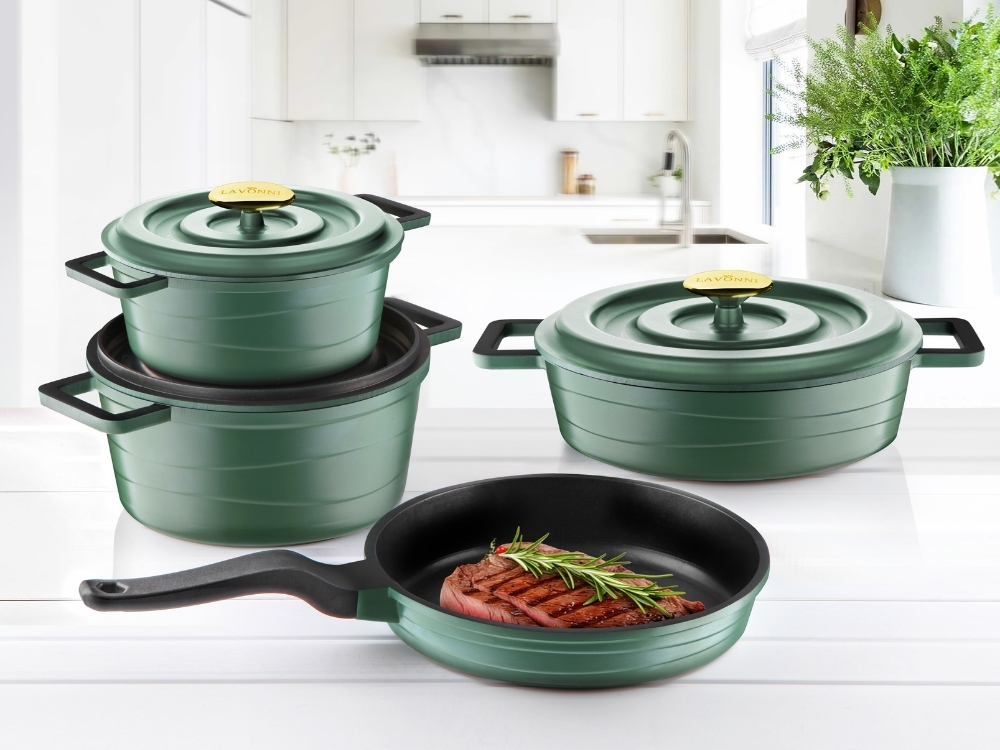 Elexus Serisi 7 Prç Döküm Kapaklı Tencere Seti - Yeşil