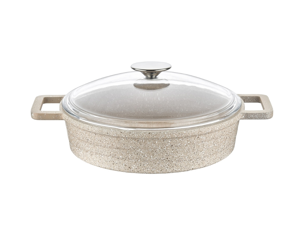 Elexus Serisi Cam Kapaklı Basık Tencere - Kapuçino 26 cm