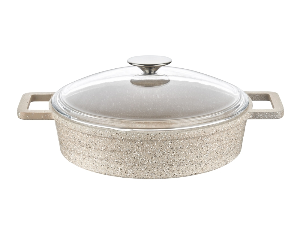 Elexus Serisi Cam Kapaklı Basık Tencere - Kapuçino 28 cm