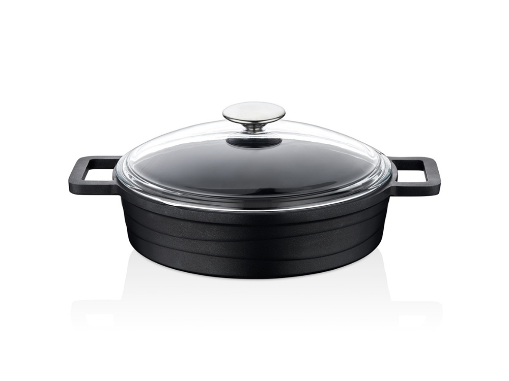 Elexus Serisi Cam Kapaklı Basık Tencere - Siyah 26 cm