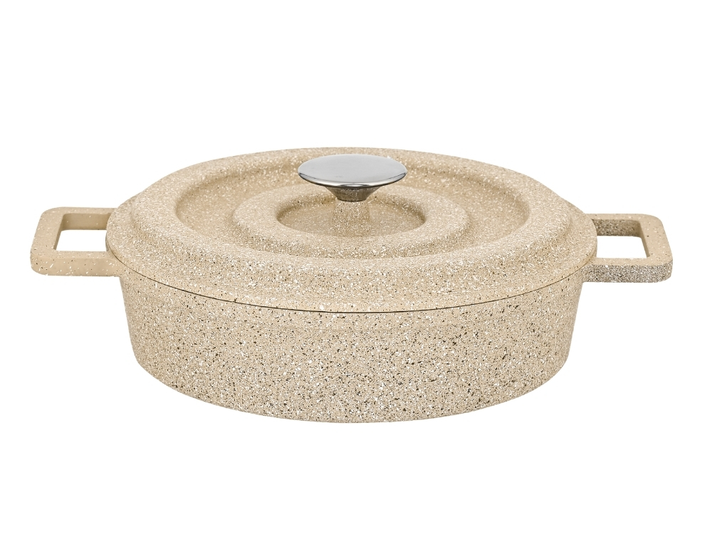 Elexus Serisi Döküm Kapaklı Basık Tencere - Kapuçino 28 cm