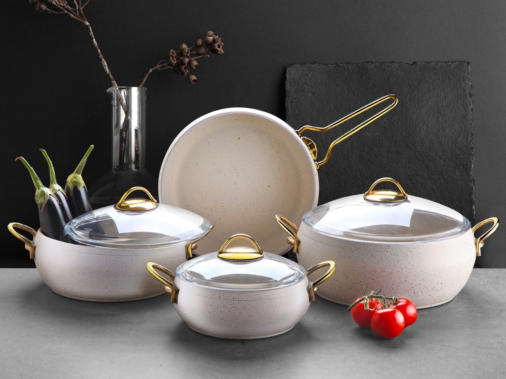 Güveç Serisi 7 Prç Güveç Tencere Seti Gold Sapli - Krem