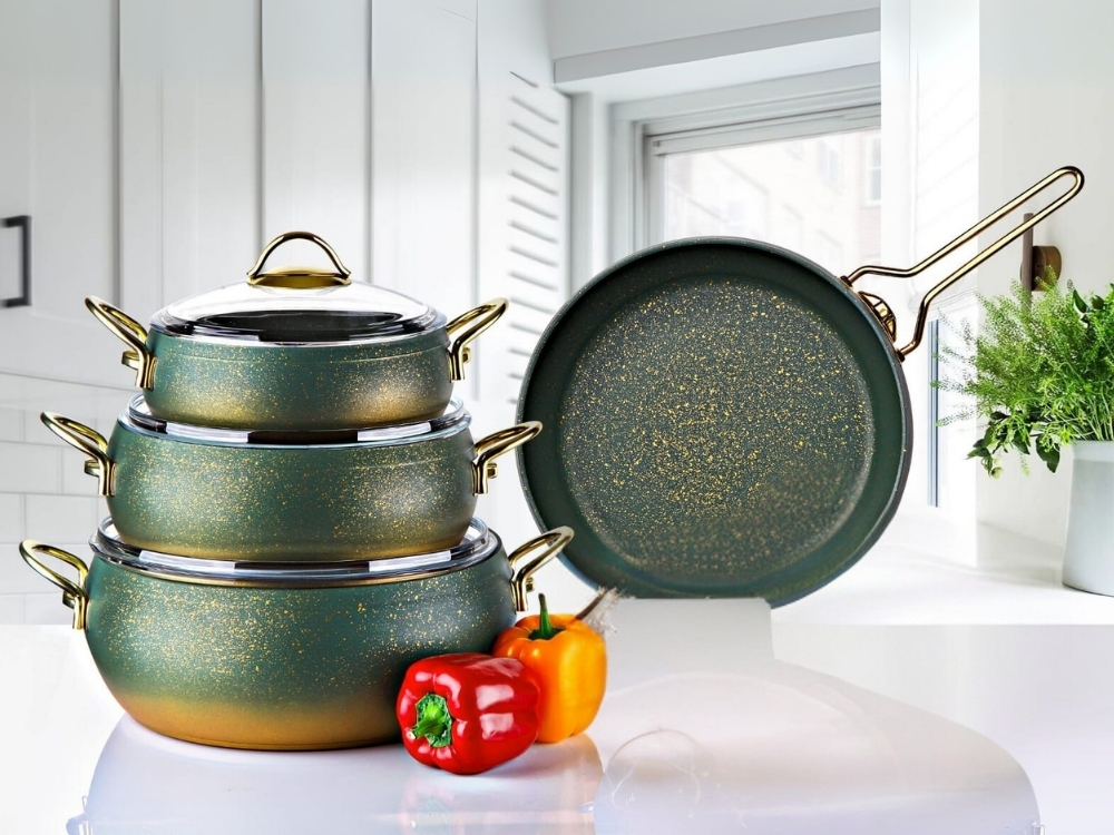 Güveç Serisi 7 Prç Güveç Tencere Seti Gold Sapli - Yeşil