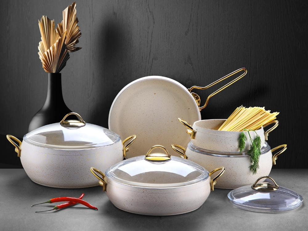 Güveç Serisi 9 Prç Güveç Tencere Seti Gold Sapli - Krem