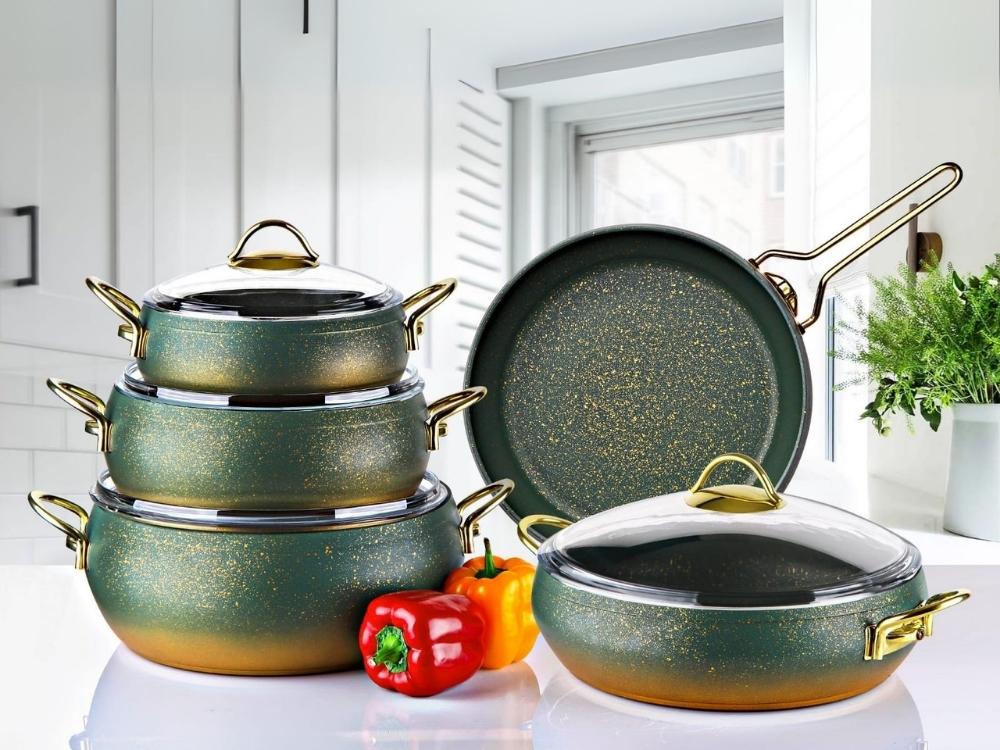 Güveç Serisi 9 Prç Güveç Tencere Seti Gold Sapli - Yeşil