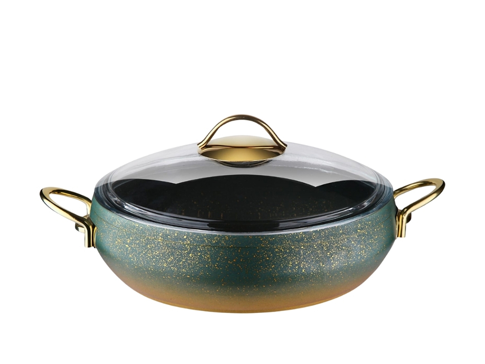 Güveç Serisi Güveç Basik Tencere Gold Sapli - Yeşil 28 cm