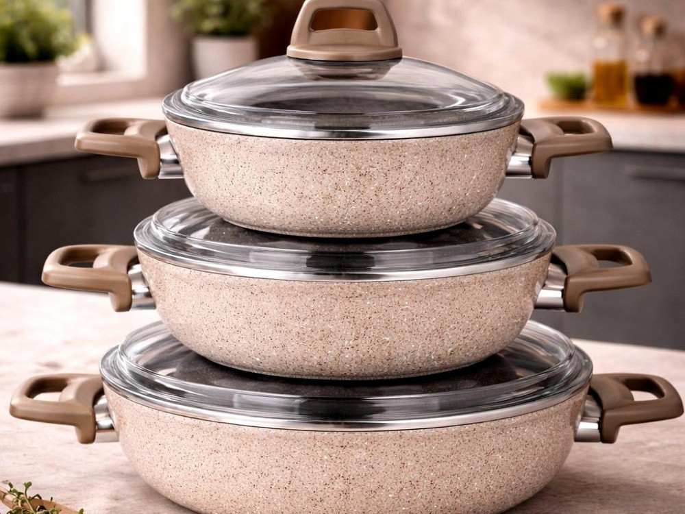 Stone 6 Parça Granit Ezme Cam Kapaklı Sahan Omlet Seti Cappucıno 18/20/22 Cm Yapışmaz