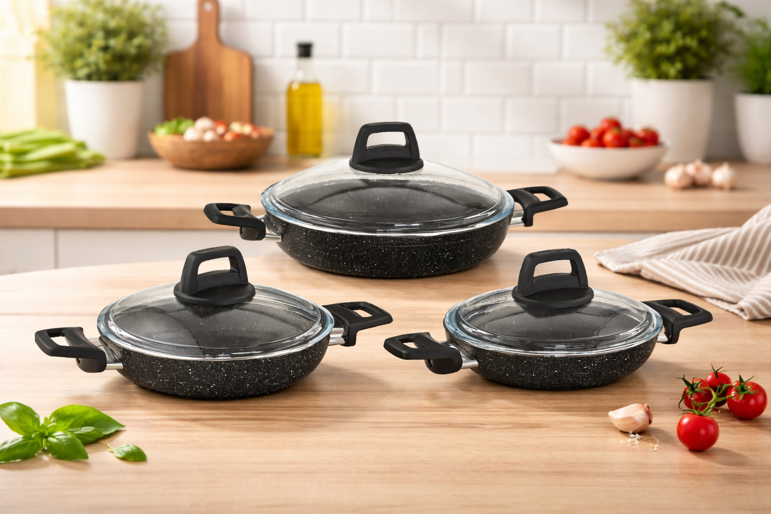 Stone 6 Parça Granit Ezme Cam Kapaklı Sahan Omlet Seti Siyah 18/20/22 Cm Yapışmaz